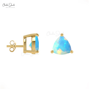 4MM Ethiopian <b>Opal</b> Gemstone Dainty <b>Earrings</b> Prong Set Trillion Cut Gemstone Crafted in 14k Solid Yellow Gold Stud <b>Earrings</b> - Product Image 3