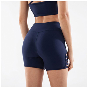 Shorts Deportivos Azul Marino de Cintura Alta con Botones y Detalle Cruzado Lateral, Lavados, para Entrenamiento Femenino - Product Image 1