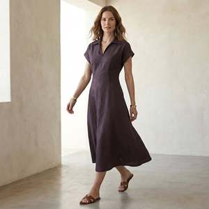 Brown Cotton Flax Paneled A-Line Midi <b>Dress</b> <b>For</b> <b>Women</b> Featuring Lightweight Fabric Modern Style Comfortable Fit <b>For</b> Everyday - Product Image 4
