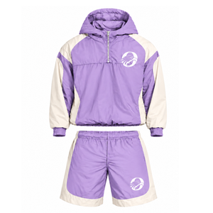 Mens Lavender Neutral Colorblock Nylon Hoodie <b>Shorts</b> Set Quarter <b>Zip</b> Lightweight Athletic Fitness Training Casual Sportswear - Product Image 1