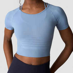 <b>Women's</b> Yoga <b>Compression</b> Crop <b>Top</b> Custom Logo Quick Dry Lightweight Anti-Pilling 100% Polyester Flare Sleeve Summer Sports - Product Image 1