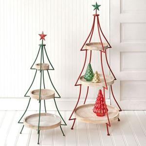Supports de présentation de sapins de Noël à trois niveaux en métal et en bois, avec plateaux ronds et décorations étoiles pour la décoration de la maison pendant les fêtes - Product Image 1