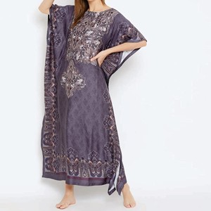 Women's Purple Paisley Print <b>Kaftan</b> Maxi Dress O-Neck Cap Sleeve Ankle-Length Modest Evening Wear Chiffon Fabric - Product Image 1