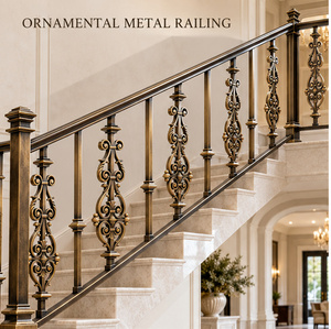 Balustrades d'escalier en bronze artisanal avec panneaux à motifs raffinés et motifs symétriques sculptés en fer - Product Image 1