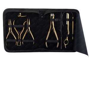 Ruban d'extension de cheveux professionnel en acier inoxydable, pince à bande, couleur or, Micro perles, kit d'outils d'extension de cheveux avec étui - Product Image 1