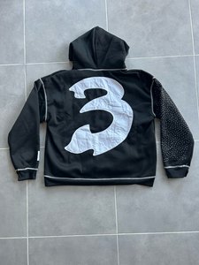 Sudadera con capucha negra para hombre con cremallera, logo de diamantes de imitación, estilo urbano de felpa francesa, corte oversize, para otoño - Product Image 6