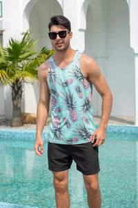 Camiseta sin mangas de punto con estampado de piña azul claro para hombre, cuello redondo, informal, transpirable, para verano y entrenamiento - Product Image 4