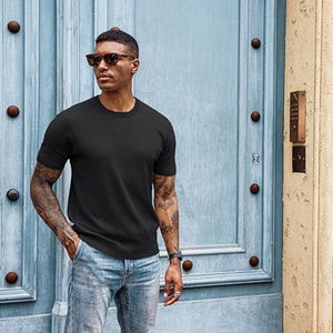 Camiseta de Punto de Manga Corta para Hombre – Camiseta Casual de Cuello Redondo con Textura Sólida para Uso Diario y de Verano - Product Image 5