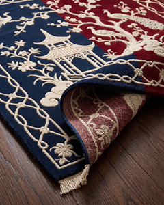 Tapis en laine rectangulaire à motif mosaïque en blocs, motif grue orientale rouge marine, bordure florale décorative, antidérapant, écologique - Product Image 4