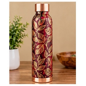 White <b>Pink</b> Rred Lotus Bloom Pattern Copper <b>Water</b> <b>Bottle</b> with Copper Trim Portable Drinkware for Travel - Product Image 5