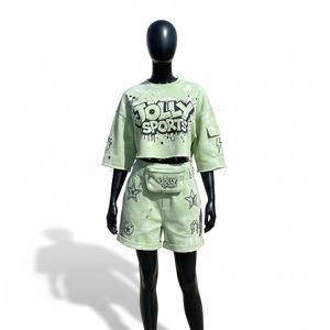 Ensemble court en coton GSM French Terry pour femme, vert pastel, imprimé graphique, logo personnalisé, 100% coton, haut court et short - Product Image 1