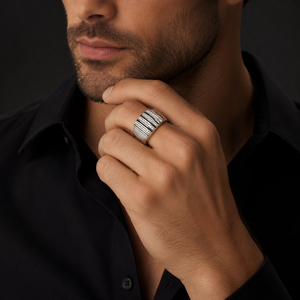 925 Sterling <b>Silver</b> Diamond <b>Mens</b> Signet <b>Ring</b> High Polish Geometric Stripe Design Wedding Party Gift Jewelry Band - Product Image 1