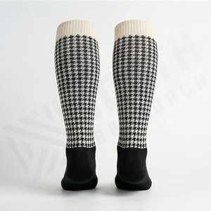 <b>Knee</b> <b>High</b> <b>Socks</b> Plaid Pattern Black <b>White</b> Knitted Breathable Casual Adult Regular Style - Product Image 2