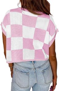 Women's Casual Breathable Plaid Jacquard Sleeveless Short Crop Tops Summer Thin Color <b>Block</b> Knit Shirt Nylon/<b>Acrylic</b> O-Neck - Product Image 2