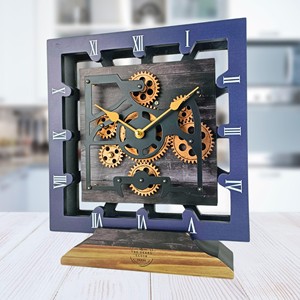 Horloge de bureau rectangulaire en bois recyclé artisanal de style industriel |   Engrenages en laiton vintage |   Vente en gros |   Aqudus Saleem AS-RVD008 - Product Image 1