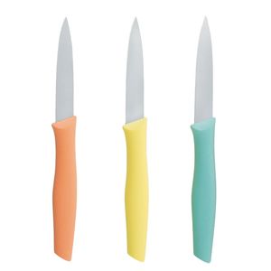 Couteaux à éplucher multicolores avec manche pêche, jaune et vert menthe, ensemble de trois outils de cuisine pour l'épluchage des fruits et la préparation des légumes - Product Image 2