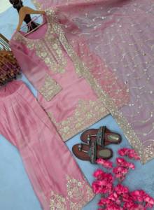 Salwar Kameez de Seda Rosa con Dupatta Bordada, Ropa Étnica Tradicional para Mujer, para Bodas, Corte Regular, Largo hasta el Tobillo - Product Image 4