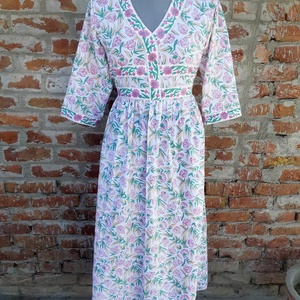Robe imprimée à la main, tuniques indiennes, longue robe en coton indien, col en V, manches longues, robe imprimée pour femmes - Product Image 1