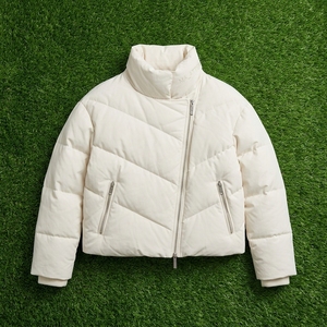 Unisex <b>White</b> Puffer <b>Jacket</b> Stand Collar <b>Short</b> Length Windproof Polyester Wadding Winter Casual Zipper Closure - Product Image 5