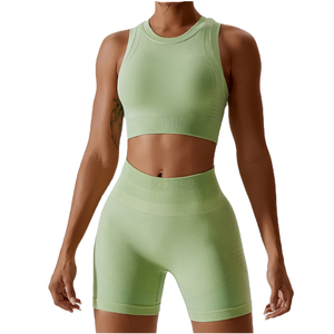 Conjunto de Yoga de Dos Piezas para Mujer, Color Sólido, Cintura Alta, Top Corto Sin Costuras, Pantalones Cortos, Spandex, Poliéster, Ropa Deportiva - Product Image 1
