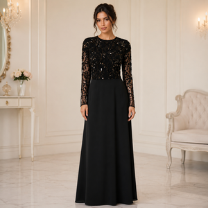 Vestido de Noche Negro Bordado de Lujo para Mujer, Elegante Vestido Largo de Manga Larga, Diseño Premium para Fiestas, Bodas y Eventos Formales - Product Image 2