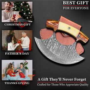 Custom Handmade Damascus Steel Pizza Cutter Ulu Knife Premium Wooden & Bone Handle Kitchen Axe with Genuine Leather Sheath - Product Image 6