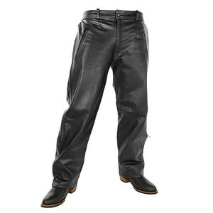 Pantalon en cuir noir pour homme, taille haute, coupe droite, style motard, avec fermeture à boucle, poches latérales, vêtements d'hiver - Product Image 1