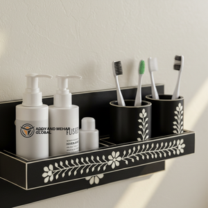 ชั้นวางของติดผนังลายดอกไม้สีดำพร้อมงานฝังกระดูกดำแบบพรีเมียม ชุดอุปกรณ์ห้องน้ำทำมือ ชั้นวางของติดผนังลายดอกไม้สีดำพร้อมงานฝังกระดูกดำ - Product Image 2