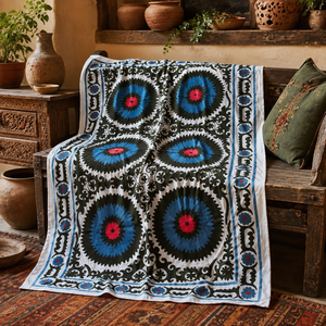 Couvre-lit en coton brodé Suzani de qualité supérieure, blanc, noir, bleu, corail, motif floral, médaillon, fait main, décoration intérieure indienne bohème - Product Image 4
