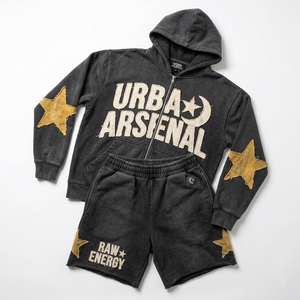 Custom Printed Distressed Embroidered <b>Patches</b> Logo Heavyweight Knee Cotton Hooded Casual Jogger Suit Hoodies <b>Shorts</b> Set <b>Men's</b> - Product Image 1