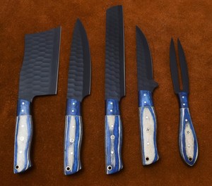 OEM Custom Handmade Stainless Steel 5 Pieces Black Powder Coted Chef <b>Knife</b> <b>Set</b> With Wooden Handle & With Leather Sheath - Product Image 3