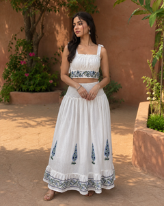 Falda de algodón orgánico para mujer, estampado de bloques, diseño escalonado, maxi, con dobladillo acampanado, cintura elástica, forro, vestido para vacaciones. - Product Image 3