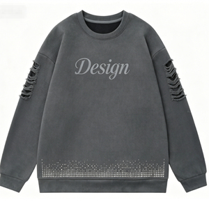 Sudadera Extra Grande Personalizada con Cuello Redondo, Diseño de Pedrería y Mangas Desgarradas, Estilo Casual Unisex, 100% Algodón Tejido - Product Image 1