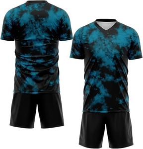 Ensemble de maillots de football personnalisés haut de gamme pour hommes, noir et turquoise, sublimés, col en V, anti-humidité, manches courtes, coupe athlétique, toutes saisons - Product Image 1