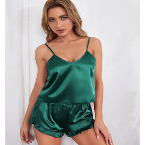 Ensemble de salon en satin bleu pour femmes, sans manches, sans bretelles, short sexy, couleur unie, vêtements de nuit d'été - Product Image 2