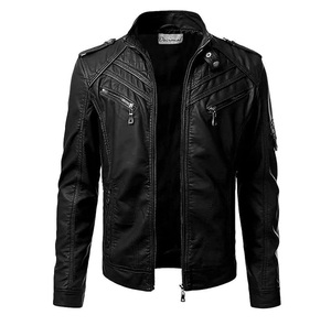 เสื้อแจ็คเก็ตหนัง PU ทรงสลิมฟิตสำหรับผู้ชาย แบรนด์ Decimal คอตั้ง ปิดด้วยซิป สีดำล้วน ความยาวปกติ เหมาะสำหรับใส่ในฤดูใบไม้ร่วง - Product Image 1