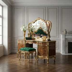 Ensemble <span class=keywords><strong>de</strong></span> coiffeuse <span class=keywords><strong>de</strong></span> luxe en bois massif <span class=keywords><strong>de</strong></span> style baroque français pour suite présidentielle <span class=keywords><strong>de</strong></span> complexe hôtelier, avec finition en feuille d'or personnalisée, mobilier d'équipement hôtelier (FF&E) OEM - Product Image 4