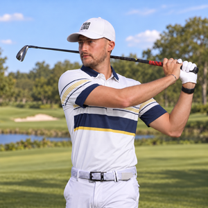Camisa de Golf de Manga Corta a Rayas Blancas para Hombre con Detalles en Amarillo Marino, Tejido Transpirable que Absorbe la Humedad, Logotipo Frontal - Product Image 6
