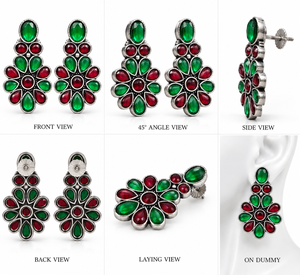 Pendientes de Plata Oxidada con Flores y Piedras Coloridas Verdes y Rojas, Pendientes Florales para Mujer, Joyería de Moda al por Mayor - Product Image 2