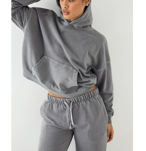 Ensemble de jogging pour femme coupe ample délavé à l'acide avec broderie appliquée personnalisée, sweat à capuche double couche épais en coton, survêtement de sport - Product Image 2