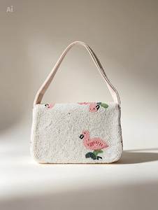 Sac à bandoulière flamant rose perlé fait main, motif feuilles tropicales, style bohème, écologique, léger, pour l'été, la plage et les mariages - Product Image 3