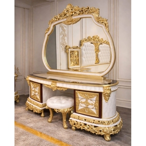Ensemble de chambre à coucher de luxe style Palais Royal en acajou massif sculpté, lit rembourré, armoire et coiffeuse – Mobilier classique haut de gamme - Product Image 4