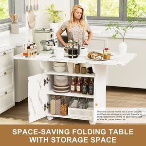Tavolo da Pranzo in Marmo Bianco da 47 Pollici con Mobile Contenitore, Stabile, 6 Ruote, Design Pieghevole in Legno per Ingresso - Product Image 4