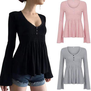 Camiseta de Manga Larga Informal y Holgada para Mujer, con Cuello en V, Encaje, Color Sólido, Estilo Simple y Lindo - Product Image 1