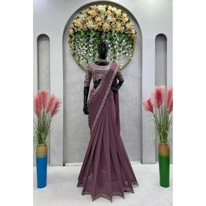 ผ้าซารีสำเร็จรูปงานปักดิ้นลายหัวหอม ดีไซน์เนอร์จอร์เจตต์ พร้อมเสื้อท่อนบนแบบยังไม่เย็บติด - Product Image 1