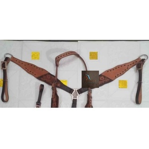 Western Two Tone <b>Leather</b> One Ear Horse Headstall & Breast Collar Set Floral Hand <b>Tooled</b> Design Rawhide Braiding Riding Tack Gear - Product Image 2