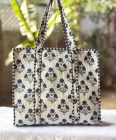 Tas Kanvas Bohemian Dengan Desain Panel Bordir Bunga Biru, Bagian Atas Terbuka Untuk Belanja Sepanjang Musim