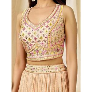 Fabulous <b>Peach</b> Thread Embroidered Georgette Reception Wear Lehenga Choli - Product Image 2