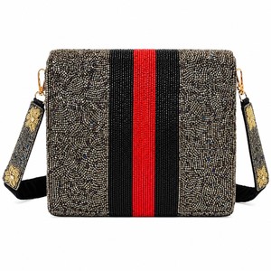 Elegant Beaded Cross-Body Bag Women Striped Red Black Fashion Party Handbag <b>Square</b> Shape Single Strap - Product Image 1