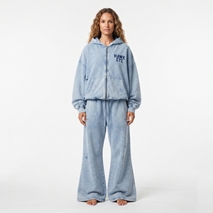 Wholesale Women’s Acid Wash Full Zip Hoodie Relaxed Fit Flared <b>Wide</b> <b>Leg</b> <b>Jogger</b> Cotton Fleece Distressed Tracksuit - Product Image 1